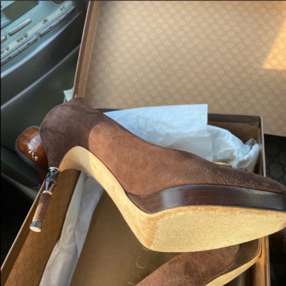 Gucci brown coco stiletto with slight wedge has gorgeous bamboo heel 5.5 - Picture 3 of 7